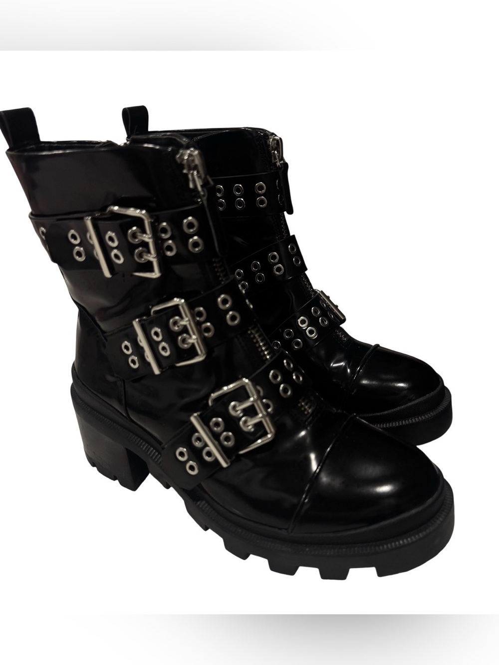 Alice + Olivia Hali Black Patent Leather Buckle Combat Boots 8.5